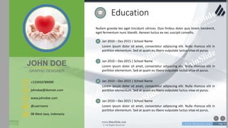 w w w . D o m a i n . c o m Page 73
www.MainSlide.com
© All Rights Reserved.
Confidential
Nullam gravida leo eget tincidunt ultrices. Duis finibus dolor quis lorem hendrerit,
eget fermentum nunc blandit. Aenean luctus ex nec suscipit convallis.
Education
Jan 2010 – Des 2015 | School Name
Lorem ipsum dolor sit amet, consectetur adipiscing elit. Nulla rhoncus elit in
porttitor elementum. Sed at quam eu libero vulputate luctus vitae et purus.
Jan 2010 – Des 2015 | School Name
Lorem ipsum dolor sit amet, consectetur adipiscing elit. Nulla rhoncus elit in
porttitor elementum. Sed at quam eu libero vulputate luctus vitae et purus.
Jan 2010 – Des 2015 | School Name
Lorem ipsum dolor sit amet, consectetur adipiscing elit. Nulla rhoncus elit in
porttitor elementum. Sed at quam eu libero vulputate luctus vitae et purus.
Jan 2010 – Des 2015 | School Name
Lorem ipsum dolor sit amet, consectetur adipiscing elit. Nulla rhoncus elit in
porttitor elementum. Sed at quam eu libero vulputate luctus vitae et purus.
+123456789000
johndoe@domain.com
08 West Java, Indonesia
www.johndoe.com
@username
JOHN DOE
GRAPHIC DESIGNER
 