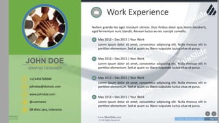w w w . D o m a i n . c o m Page 74
www.MainSlide.com
© All Rights Reserved.
Confidential
Work Experience
Nullam gravida leo eget tincidunt ultrices. Duis finibus dolor quis lorem hendrerit,
eget fermentum nunc blandit. Aenean luctus ex nec suscipit convallis.
May 2012 – Des 2015 | Your Work
Lorem ipsum dolor sit amet, consectetur adipiscing elit. Nulla rhoncus elit in
porttitor elementum. Sed at quam eu libero vulputate luctus vitae et purus.
May 2012 – Des 2015 | Your Work
Lorem ipsum dolor sit amet, consectetur adipiscing elit. Nulla rhoncus elit in
porttitor elementum. Sed at quam eu libero vulputate luctus vitae et purus.
May 2012 – Des 2015 | Your Work
Lorem ipsum dolor sit amet, consectetur adipiscing elit. Nulla rhoncus elit in
porttitor elementum. Sed at quam eu libero vulputate luctus vitae et purus.
May 2012 – Des 2015 | Your Work
Lorem ipsum dolor sit amet, consectetur adipiscing elit. Nulla rhoncus elit in
porttitor elementum. Sed at quam eu libero vulputate luctus vitae et purus.
+123456789000
johndoe@domain.com
08 West Java, Indonesia
www.johndoe.com
@username
JOHN DOE
GRAPHIC DESIGNER
 