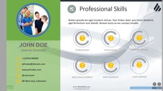 w w w . D o m a i n . c o m Page 76
www.MainSlide.com
© All Rights Reserved.
Confidential
Professional Skills
Nullam gravida leo eget tincidunt ultrices. Duis finibus dolor quis lorem hendrerit,
eget fermentum nunc blandit. Aenean luctus ex nec suscipit convallis.
85
%
POWERPOINT
60
%
WEB DEVELOPMENT
70
%
PHOTOSHOP
45
%
PHOTOGRAPHY
75
%
GRAPHIC DESIGN
30
%
LOGO DESIGN
+123456789000
johndoe@domain.com
08 West Java, Indonesia
www.johndoe.com
@username
JOHN DOE
GRAPHIC DESIGNER
 