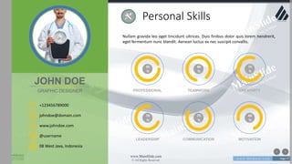 w w w . D o m a i n . c o m Page 77
www.MainSlide.com
© All Rights Reserved.
Confidential
Personal Skills
Nullam gravida leo eget tincidunt ultrices. Duis finibus dolor quis lorem hendrerit,
eget fermentum nunc blandit. Aenean luctus ex nec suscipit convallis.
95
%
PROFESSIONAL
70
%
LEADERSHIP
80
%
TEAMWORK
75
%
COMMUNICATION
75
%
CREATIVITY
60
%
MOTIVATION
+123456789000
johndoe@domain.com
08 West Java, Indonesia
www.johndoe.com
@username
JOHN DOE
GRAPHIC DESIGNER
 