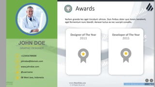 w w w . D o m a i n . c o m Page 78
www.MainSlide.com
© All Rights Reserved.
Confidential
Awards
Nullam gravida leo eget tincidunt ultrices. Duis finibus dolor quis lorem hendrerit,
eget fermentum nunc blandit. Aenean luctus ex nec suscipit convallis.
Designer of The Year
2013
Developer of The Year
2015
+123456789000
johndoe@domain.com
08 West Java, Indonesia
www.johndoe.com
@username
JOHN DOE
GRAPHIC DESIGNER
 