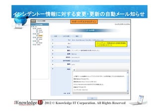 インシデント一情報に対する変更・更新の自動メール知らせ
                       サポートデスクでログイン




                                       インシデント一情報追加の自動配信機能
                                       によりお知らせメール




      2012 © Knowledge IT Corporation. All Rights Reserved
 
