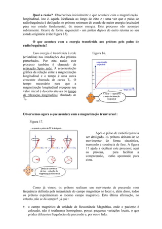 Qual a razão? Observemos inicialmente o que acontece com a magnetização
longitudinal, isto é, aquela localizada ao longo do eixo z : uma vez que o pulso de
radiofrequência é desligado, os prótons retornam do estado de maior energia (excitado)
para seu estado fundamental, de menor energia. Este processo não acontece
subitamente. Ocorre de forma sequencial - um próton depois do outro retorna ao seu
estado originário (vide Figura 15).
O que acontece com a energia transferida aos prótons pelo pulso de
radiofrequência?
Essa energia é transferida à rede
(cristalina) nas imediações dos prótons
perturbados. Por esta razão este
processo também é chamado de
relaxação Spin- rede. A representação
gráfica da relação entre a magnetização
longitudinal e o tempo é uma curva
crescente chamada de curva T1. O
tempo necessário para que a
magnetização longitudinal recupere seu
valor inicial é descrito através do tempo
de relaxação longitudinal, chamado de
T1.
Figura 16.
Observemos agora o que acontece com a magnetização transversal :
Figura 17.
Após o pulso de radiofrequência
ser desligado, os prótons deixam de se
movimentar de forma sincrônica,
mantendo a coerência de fase. A figura
17 ajuda a explicar este processo; aqui
os prótons, para facilitar a
compreensão, estão apontando para
cima.
Como já vimos, os prótons realizam um movimento de precessão com
frequência definida pela intensidade do campo magnético no local e, além disso, todos
os prótons experimentam o mesmo campo magnético. Esta última afirmação, no
entanto, não se dá sempre! já que :
• o campo magnético da unidade de Ressonância Magnética, onde o paciente é
colocado, não é totalmente homogêneo, possui pequenas variações locais, o que
produz diferentes frequências de precessão e, por outro lado,
 