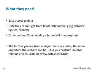 What they need Easy access to data Data they cannot get from Reuters/Bloomberg (eg historical figures, reports) Other content/functionality – but only if it appropriate The further you are from a major financial centre, the more important the website can be – it is your ‘virtual’ investor relations team. Examine www.potashcorp.com 