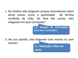 2. Na história eles brigavam porque discordavam sobre 
várias coisas, como a quantidade de farinha 
recolhida do chão. No final das contas, eles 
chegavam em qual conclusão? 
E.L: Relação de informações 
para tirar conclusões; 
3. Na sua opinião, eles brigavam com motivo ou sem 
motivo? 
E.L: Avaliação crítica do 
texto. 
 