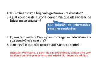 4. Os irmãos mesmo brigando gostavam um do outro? 
5. Qual episódio da história demonstra que eles apesar de 
brigarem se amavam? 
E.L: Relação de informações 
para tirar conclusões; 
6. Quem tem irmão? Conte para o colega ao lado como é a 
sua convivência com ele? 
7. Tem alguém que não tem irmão? Como se sente? 
Sugestão: Professora, a partir da sua experiência, compartilhe com 
os alunos como é quando temos ou não irmão depois de adultos. 
 
