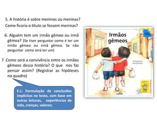 5. A história é sobre meninos ou meninas? 
Como ficaria o título se fossem meninas? 
6. Alguém tem um irmão gêmeo ou irmã 
gêmea? (Se tiver perguntar como é ter um 
irmão gêmeo ou irmã gêmea. Se não 
perguntar como será ter um) 
7 .Como será a convivência entre os irmãos 
gêmeos dessa história? O que nos faz 
pensar assim? (Registrar as hipóteses 
no quadro) 
E.L: Formulação de conclusões 
implícitas no texto, com base em 
outras leituras, experiências de 
vida, crenças, valores; 
 