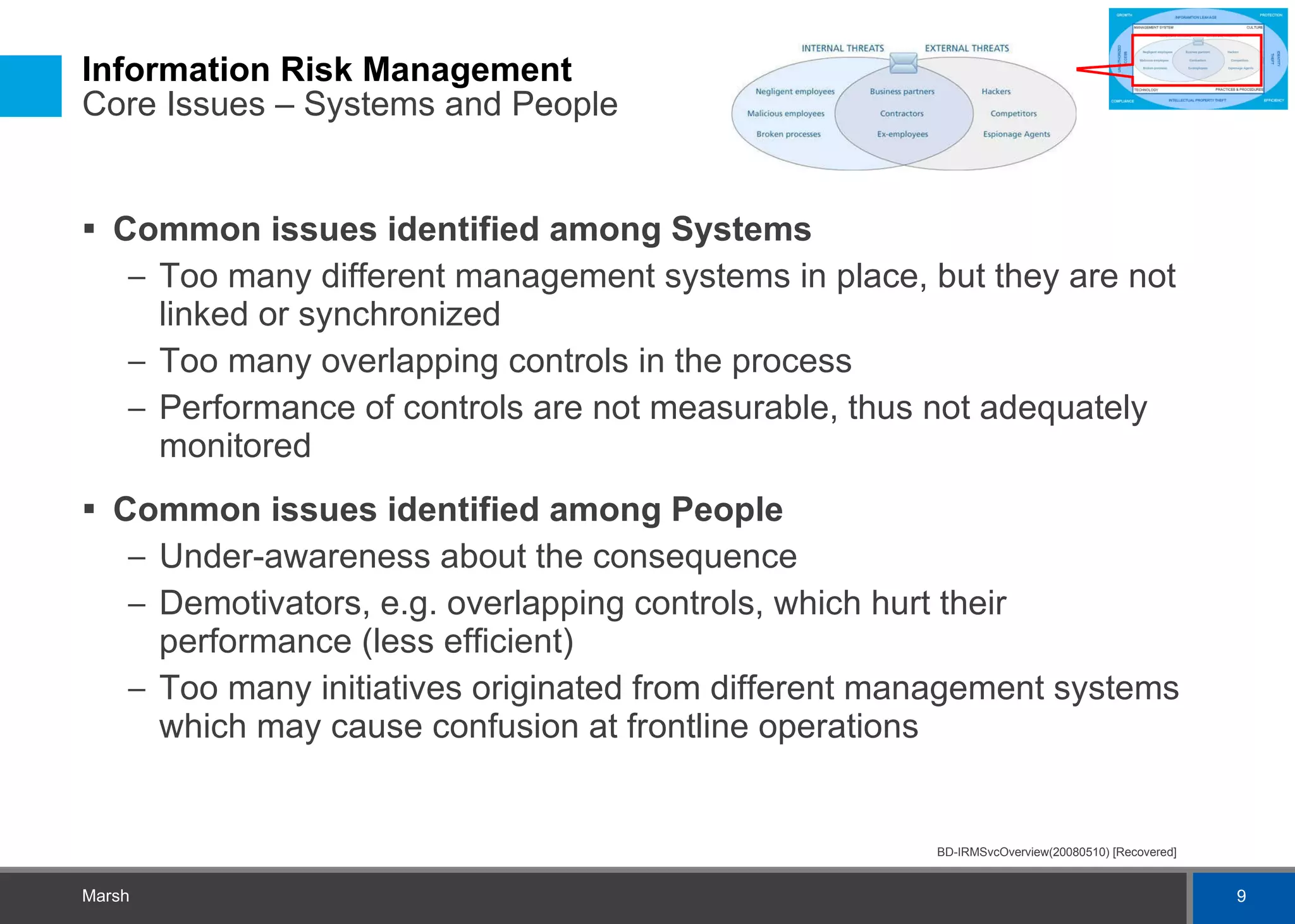 Information Risk Management  Core Issues – Systems and People Common issues identified among Systems Too many different management systems in place, but they are not linked or synchronized Too many overlapping controls in the process Performance of controls are not measurable, thus not adequately monitored Common issues identified among People Under-awareness about the consequence Demotivators, e.g. overlapping controls, which hurt their performance (less efficient) Too many initiatives originated from different management systems which may cause confusion at frontline operations 