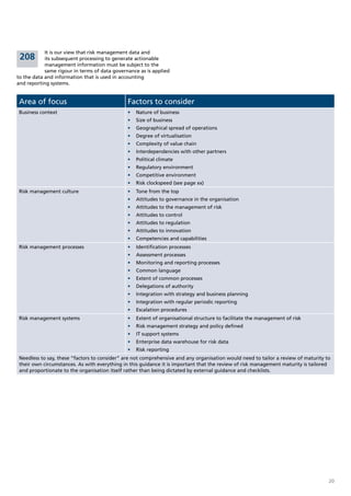 It is our view that risk management data and
 208        its subsequent processing to generate actionable
            management information must be subject to the
            same rigour in terms of data governance as is applied
to the data and information that is used in accounting
and reporting systems.


 Area of focus                                 Factors to consider
 Business context                              •	 Nature of business
                                               •	 Size of business
                                               •	 Geographical spread of operations
                                               •	 Degree of virtualisation
                                               •	 Complexity of value chain
                                               •	 Interdependencies with other partners
                                               •	 Political climate
                                               •	 Regulatory environment
                                               •	 Competitive environment
                                               •	 Risk clockspeed (see page xx)
 Risk management culture                       •	 Tone from the top
                                               •	 Attitudes to governance in the organisation
                                               •	 Attitudes to the management of risk
                                               •	 Attitudes to control
                                               •	 Attitudes to regulation
                                               •	 Attitudes to innovation
                                               •	 Competencies and capabilities
 Risk management processes                     •	 Identification processes
                                               •	 Assessment processes
                                               •	 Monitoring and reporting processes
                                               •	 Common language
                                               •	 Extent of common processes
                                               •	 Delegations of authority
                                               •	 Integration with strategy and business planning
                                               •	 Integration with regular periodic reporting
                                               •	 Escalation procedures
 Risk management systems                       •	 Extent of organisational structure to facilitate the management of risk
                                               •	 Risk management strategy and policy defined
                                               •	 IT support systems
                                               •	 Enterprise data warehouse for risk data
                                               •	 Risk reporting
 Needless to say, these “factors to consider” are not comprehensive and any organisation would need to tailor a review of maturity to
 their own circumstances. As with everything in this guidance it is important that the review of risk management maturity is tailored
 and proportionate to the organisation itself rather than being dictated by external guidance and checklists.




                                                                                                                                    20
 
