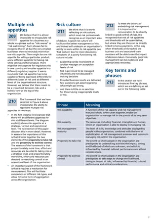 Multiple risk                                 Risk culture                                      212
                                                                                                          To meet the criteria of
                                                                                                          embedding risk management
appetites                                      211
                                                           We think that it is worth
                                                           reflecting on risk culture,
                                                                                                          it is important for
                                                                                                          remuneration to be directly
             We believe that it is almost                                                     linked to good control of risks. It is
 209         impossible to encapsulate risk
                                                           which most risk professionals
                                                           recognise as an important area     recognised that not all risk appetites
             appetite for a business as a     of debate. A good risk culture will             and thresholds will be quantitative,
whole in a phrase such as “risk averse” or    facilitate the better management of risk        but where they are they can be directly
“risk welcoming”. Such phrases fail to        and indeed will underpin an organisation’s      linked to bonus payments. In this way
recognise that in all but the very simplest   ability to work within its risk appetite (see   when thresholds are breached the
businesses there is inevitably more than      ‘Risk Culture’ box for more discussion).        business unit and associated team
one risk appetite. There might be one risk    Symptoms of a poorly functioning risk           members will be able to see the impact
appetite for selling a particular product,    culture include:                                of decisions taken. Conversely, good risk
and a different appetite for taking risk                                                      management can be evidenced and
while selling another product. There          •	 Leadership sends inconsistent or             appropriately rewarded.
might be one appetite for regulatory risk        unclear messages on acceptable
in one country and another appetite in a         levels of risk
different regulatory regime. It seems         •	 Risk is perceived to be managed              Key terms and
inevitable that risk appetite has to be          intuitively and not discussed in
capable of being expressed differently for       making decisions                             phrases
different classes of risk and at different    •	 Provided business results are delivered,                  In this section we have
levels of the organisational structure.          few questions get asked regarding              213        introduced five key phrases,
However, we believe that there needs to          what might go wrong,                                      which we are defining as set
be a cross-check between risks and a                                                                       out in the following table:
                                              •	 and there is little or no sanction
holistic view at the top of the
                                                 for those taking inappropriate levels
organisation.
                                                 of risk.

            The framework that we have
 210        depicted in Figure 6 above
            incorporates the ability to        Phrase                      Meaning
            represent multiple risk
appetites in two ways:                         Risk capability             A function of the risk capacity and risk management
                                                                           maturity which, when taken together, enable an
•	 In the first instance it recognises that                                organisation to manage risk in the pursuit of its long term
   there will be different appetites for                                   objectives.
   risk at different levels. The diagram
                                               Risk capacity               The resources, including financial, intangible and human,
   explicitly shows risk appetite at a
                                                                           which an organisation is able to deploy in managing risk.
   strategic, tactical and operational
   level. The next section of this paper       Risk management             The level of skills, knowledge and attitudes displayed by
   discusses this in more detail. However,     maturity                    people in the organisation, combined with the level of
   in essence the importance of this                                       sophistication of risk management processes and systems in
   is that it binds together the two                                       managing risk within the organisation.
   elements of the propensity to take risk     Propensity to take risk     The extent to which people in the organisation are
   and the propensity to exercise control.                                 predisposed to undertaking activities the impact, timing
   The essence of the framework is that                                    and likelihood of which are unknown, and which is
   proportionately more time, effort and                                   influenced by financial, cultural, performance and ethical
   resources are devoted to taking risk at                                 considerations.
   a strategic level, and proportionately
   more time, effort and resources are         Propensity to exercise      The extent to which people in the organisation are
   devoted to exercising control at an         control                     predisposed to take steps to change the likelihood,
   operational level of the organisation.                                  timing or impact of risks, influenced by financial, cultural,
                                                                           performance and ethical considerations.
•	 An important aspect of the framework
   is that it requires a mechanism for
   measurement. This will facilitate
   comparison of different risk types, and
   allow for some form of aggregation
   across the organisation.




                                                                                                                                           21
 