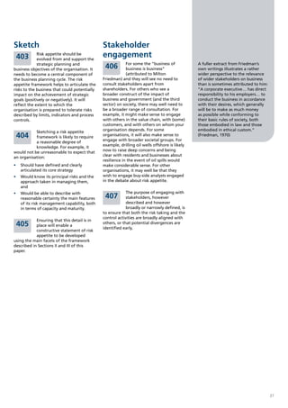 Sketch                                         Stakeholder
 403         Risk appetite should be
             evolved from and support the
                                               engagement
                                                            For some the “business of           A fuller extract from Friedman’s
             strategic planning and
business objectives of the organisation. It     406         business is business”               own writings illustrates a rather
needs to become a central component of                      (attributed to Milton               wider perspective to the relevance
the business planning cycle. The risk          Friedman) and they will see no need to           of wider stakeholders on business
appetite framework helps to articulate the     consult stakeholders apart from                  than is sometimes attributed to him:
risks to the business that could potentially   shareholders. For others who see a               “A corporate executive… has direct
impact on the achievement of strategic         broader construct of the impact of               responsibility to his employers… to
goals (positively or negatively). It will      business and government (and the third           conduct the business in accordance
reflect the extent to which the                sector) on society, there may well need to       with their desires, which generally
organisation is prepared to tolerate risks     be a broader range of consultation. For          will be to make as much money
described by limits, indicators and process    example, it might make sense to engage           as possible while conforming to
controls.                                      with others in the value chain, with (some)      their basic rules of society, both
                                               customers, and with others on whom your          those embodied in law and those
                                               organisation depends. For some                   embodied in ethical custom.”
           Sketching a risk appetite
 404       framework is likely to require
                                               organisations, it will also make sense to
                                               engage with broader societal groups. For
                                                                                                (Friedman, 1970)
           a reasonable degree of
                                               example, drilling oil wells offshore is likely
           knowledge. For example, it
                                               now to raise deep concerns and being
would not be unreasonable to expect that
                                               clear with residents and businesses about
an organisation:
                                               resilience in the event of oil spills would
•	 Should have defined and clearly             make considerable sense. For other
   articulated its core strategy               organisations, it may well be that they
•	 Would know its principal risks and the      wish to engage buy-side analysts engaged
   approach taken in managing them,            in the debate about risk appetite.
   and
•	 Would be able to describe with                           The purpose of engaging with
   reasonable certainty the main features       407         stakeholders, however
   of its risk management capability, both                  described and however
   in terms of capacity and maturity.                       broadly or narrowly defined, is
                                               to ensure that both the risk taking and the
                                               control activities are broadly aligned with
            Ensuring that this detail is in
 405        place will enable a
                                               others, or that potential divergences are
                                               identified early.
            constructive statement of risk
            appetite to be developed
using the main facets of the framework
described in Sections II and III of this
paper.




                                                                                                                                       31
 