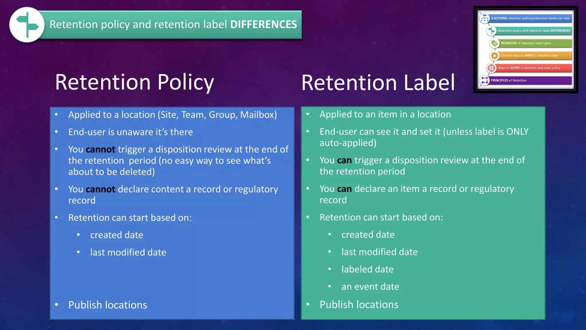 Retention Policy
• Applied to a location (Site, Team, Group, Mailbox)
• End-user is unaware it’s there
• You cannot trigger a disposition review at the end of
the retention period (no easy way to see what’s
about to be deleted)
• You cannot declare content a record or regulatory
record
• Retention can start based on:
• created date
• last modified date
• Publish locations
Retention Label
• Applied to an item in a location
• End-user can see it and set it (unless label is ONLY
auto-applied)
• You can trigger a disposition review at the end of
the retention period
• You can declare an item a record or regulatory
record
• Retention can start based on:
• created date
• last modified date
• labeled date
• an event date
• Publish locations
Retention policy and retention label DIFFERENCES
 