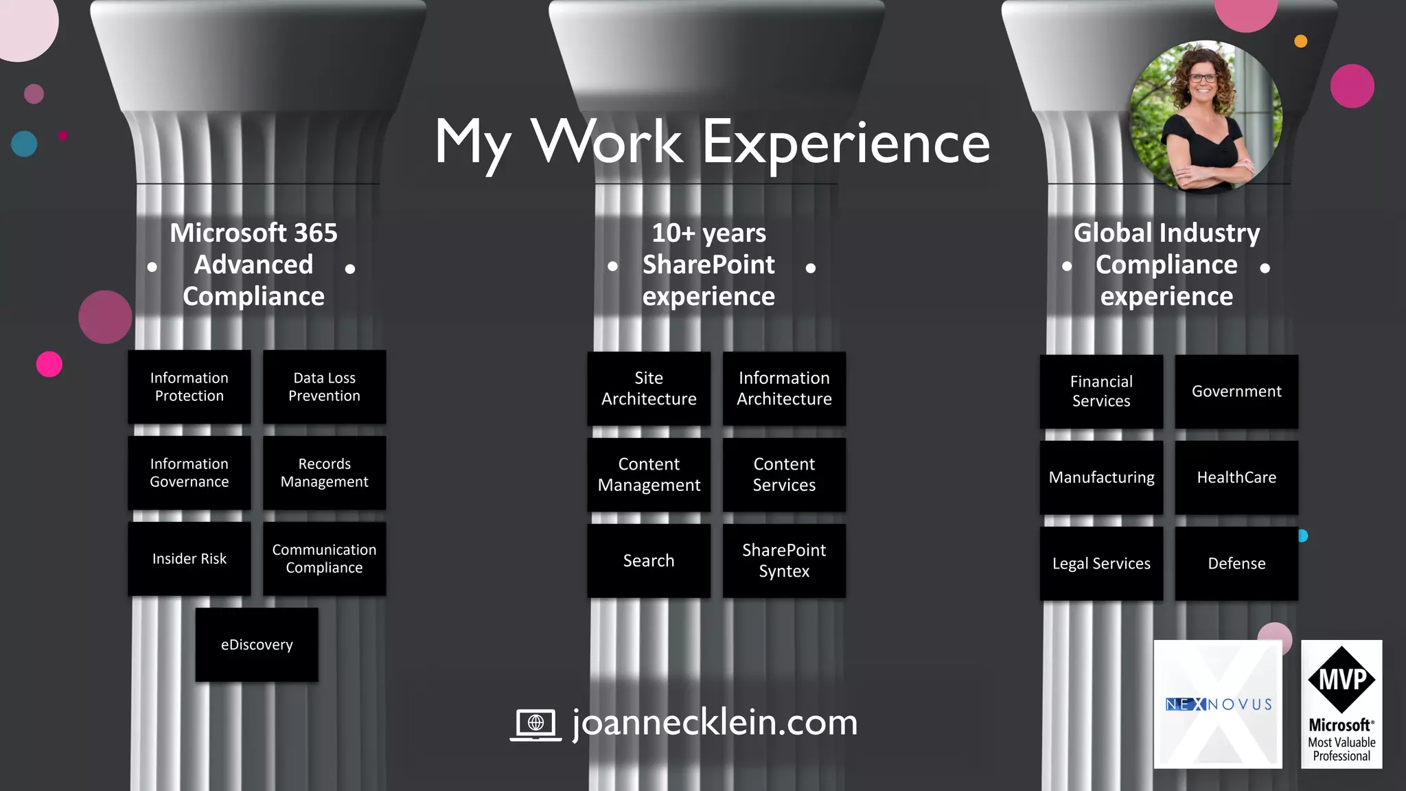 Information
Protection
Data Loss
Prevention
Information
Governance
Records
Management
Insider Risk
Communication
Compliance
eDiscovery
Site
Architecture
Information
Architecture
Content
Management
Content
Services
Search
SharePoint
Syntex
Microsoft 365
Advanced
Compliance
My Work Experience
Financial
Services
Government
Manufacturing HealthCare
Legal Services Defense
10+ years
SharePoint
experience
Global Industry
Compliance
experience
joannecklein.com
 