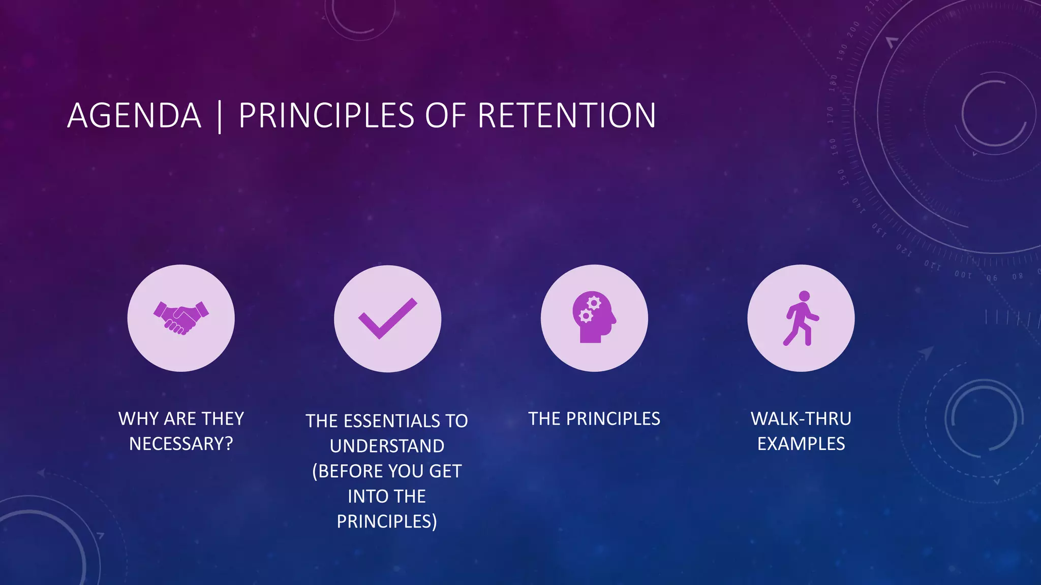 AGENDA | PRINCIPLES OF RETENTION
WHY ARE THEY
NECESSARY?
THE ESSENTIALS TO
UNDERSTAND
(BEFORE YOU GET
INTO THE
PRINCIPLES)
THE PRINCIPLES WALK-THRU
EXAMPLES
 