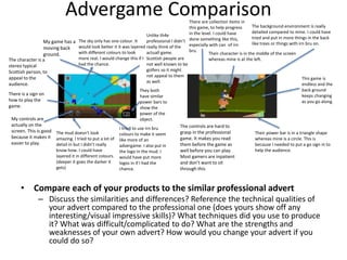 Advergame Comparison
• Compare each of your products to the similar professional advert
– Discuss the similarities and differences? Reference the technical qualities of
your advert compared to the professional one (does yours show off any
interesting/visual impressive skills)? What techniques did you use to produce
it? What was difficult/complicated to do? What are the strengths and
weaknesses of your own advert? How would you change your advert if you
could do so?
My game has a
moving back
ground.
The sky only has one colour. It
would look better it it was layered
with different colours to look
more real. I would change this if I
had the chance.
The character is a
stereo typical
Scottish person, to
appeal to the
audience.
There is a sign on
how to play the
game.
My controls are
actually on the
screen. This is good
because it makes it
easier to play.
The mud doesn’t look
amazing. I tried to put a lot of
detail in but I didn’t really
know how. I could have
layered it in different colours.
(deeper it goes the darker it
gets)
I tried to use irn bru
colours to make it seem
like more of an
advergame. I also put in
the logo in the mud. I
would have put more
logos in if I had the
chance.
They both
have similar
power bars to
show the
power of the
object.
Unlike th4e
professional I didn’t
really think of the
actuall game.
Scottish people are
not well known to be
golfers so it might
not appeal to them
as well.
There are collection items in
this game, to help progress
in the level. I could have
done something like this,
especially with can of irn
bru.
Their character is in the middle of the screen
whereas mine is at the left.
The background environment is really
detailed compared to mine. I could have
tried and put in more things in the back
like trees or things with irn bru on.
This game is
endless and the
back ground
keeps changing
as you go along.
Their power bar is in a triangle shape
whereas mine is a circle. This is
because I needed to put a go sign in to
help the audience.
The controls are hard to
grasp in the professional
game. It makes you read
them before the game as
well before you can play.
Most gamers are inpatient
and don’t want to sit
through this
 