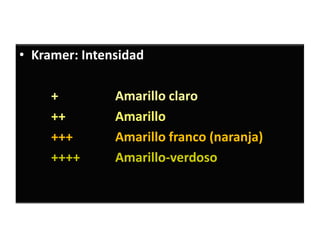• Kramer: Intensidad

     +         Amarillo claro
     ++        Amarillo
     +++       Amarillo franco (naranja)
     ++++      Amarillo-verdoso
 