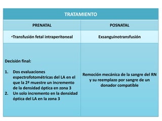 TRATAMIENTO
                  PRENATAL                             POSNATAL

     •Transfusión fetal intraperitoneal          Exsanguinotransfusión




Decisión final:

1.   Dos evaluaciones
                                          Remoción mecánica de la sangre del RN
     espectrofotométricas del LA en el
                                             y su reemplazo por sangre de un
     que la 2ª muestre un incremento
                                                    donador compatible
     de la densidad óptica en zona 3
2.   Un solo incremento en la densidad
     óptica del LA en la zona 3
 