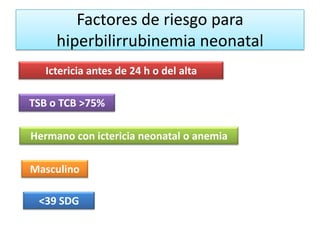 Factores de riesgo para
     hiperbilirrubinemia neonatal
   Ictericia antes de 24 h o del alta

TSB o TCB >75%

Hermano con ictericia neonatal o anemia

Masculino

 <39 SDG
 