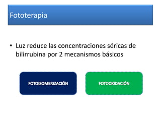 Fototerapia


• Luz reduce las concentraciones séricas de
  bilirrubina por 2 mecanismos básicos
 