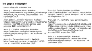 Info-graphic Bibliography:
Put your info-graphic bibliography here.
Anon. (.). Animation artist. Available:
https://creativeskillset.org/creative_industries/ga
mes/about_the_industry. Last accessed 12th
september 2017.
Anon. (2017). Animater (Games). Available:
https://creativeskillset.org/creative_industries/ga
mes/job_roles/325_animator_games. Last
accessed 12th september 2017.
Anon. (.). Graphic design job. Available:
https://www.reed.co.uk/jobs/media-digital-
creative/graphic-design/york. Last accessed 12th
september.
Anon. (.). The gaming industry. Available:
https://www.entrepreneur.com/article/293750.
Last accessed 12th september 2017.
Anon. (.). Game Designer. Available:
https://creativeskillset.org/creative_industries/ga
mes/job_roles/331_game_designer. Last accessed
12th september 2017.
Anon. (2017). inside the video game industry.
Available:
https://books.google.co.uk/books?id=qCclDwAAQ
BAJ&printsec=frontcover&dq=Video+game+indus
try&hl=en&sa=X&redir_esc=y#v=onepage&q=Vi
deo%20game%20industry&f=false. Last
accessed 12th september 2017.
Anon. (.). Apprenticeships. Available:
https://www.prospects.ac.uk/jobs-and-work-
experience/apprenticeships. Last accessed 13th
september 2017.
 