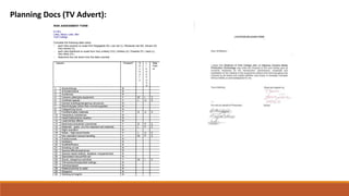 Planning Docs (TV Advert):
RISK ASSESSMENT FORM
Irn Bru
Libby, Maya, Leah, Ben
York College
Complete the following table rating
• each risks severity on scale from Negligable (N), Low risk (L), Moderate risk (M), Severe (S),
Very severe (V)
• each risks likelihood on scale from Very unlikely (VU), Unlikely (U), Possible (P), Likely (L),
Very likely (VL)
• Determine the risk factor from the table overleaf.
Hazard Present? S
e
v
e
ri
t
y
L
i
k
e
li
h
o
o
d
Risk
Fact
or
1 Alcohol/drugs N
2 Animals/insects N
3 Audiences N
4 Camera cable/grip equipment Y M L 3
5 Confined spaces Y L U 2
6 Derelict buildings/dangerous structures N
7 Electricity/gas (other than normal supplies) N
8 Fatigue/long hours N
9 Fire/flammable materials Y S U 3
10 Hazardous substances N
11 Heat/Cold/extreme weather N
12 Laser/strobe effects N
13 Machinery/industrial/ crane/hoist Y S P 2
14 Materials - glass, non-fire retardant set materials Y L P 2
15 Night operation N
16 Noise – high sound levels Y L U 2
17 Non standard manual handling Y M P 3
18 Public/crowds N
19 Radiation N
20 Scaffold/Rostra N
21 Smoking on set N
22 Special effects/explosives N
23 Special needs (elderly, disabled, inexperienced) N
24 Specialised rescue/first aid N
25 Stunts, dangerous activities Y M L 3
26 Tall scenery/suspended ceilings N
27 Vehicles/speed N
28 Water/proximity to water N
29 Weapons N
30 Working at heights N
 