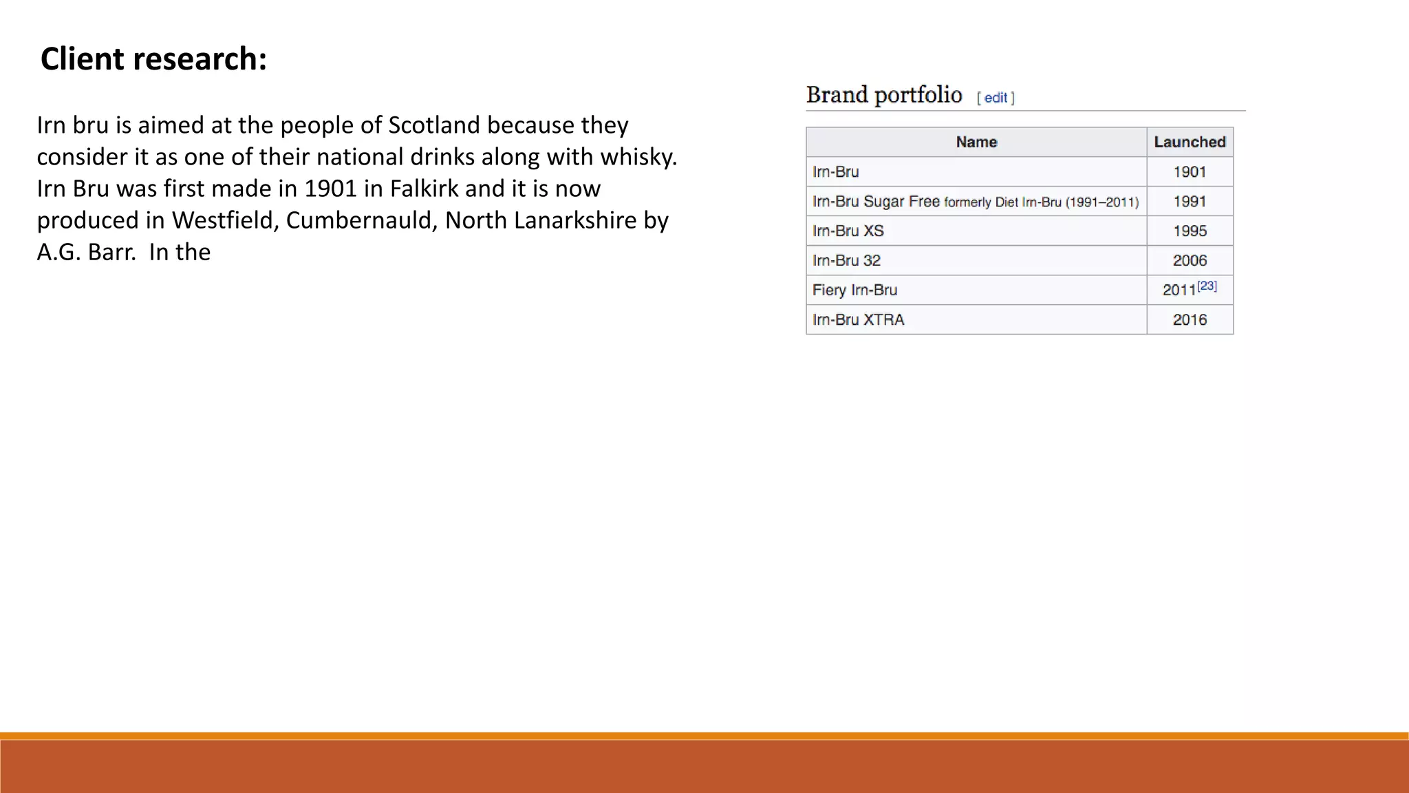 Client research:
Irn bru is aimed at the people of Scotland because they
consider it as one of their national drinks along with whisky.
Irn Bru was first made in 1901 in Falkirk and it is now
produced in Westfield, Cumbernauld, North Lanarkshire by
A.G. Barr. In the
 
