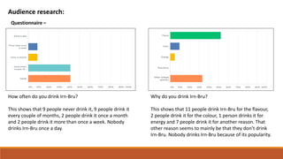 Audience research:
Questionnaire –
How often do you drink Irn-Bru?
This shows that 9 people never drink it, 9 people drink it
every couple of months, 2 people drink it once a month
and 2 people drink it more than once a week. Nobody
drinks Irn-Bru once a day.
Why do you drink Irn-Bru?
This shows that 11 people drink Irn-Bru for the flavour,
2 people drink it for the colour, 1 person drinks it for
energy and 7 people drink it for another reason. That
other reason seems to mainly be that they don’t drink
Irn-Bru. Nobody drinks Irn-Bru because of its popularity.
 