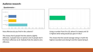 Audience research:
Questionnaire –
How offensive do you find Irn-Bru adverts?
This shows that 6 people find the adverts slightly
offensive, 5 people have no opinion and 15 people don’t
find them offensive at all. Nobody finds the adverts very
offensive.
Using a number from 0 to 10, where 0 is lowest and 10
is highest what rating would you give Irn-Bru?
This shows that the overall average rating is 4 with the
highest recorded score being 9 and the lowest being 0.
 