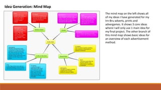 Idea Generation: Mind Map
The mind map on the left shows all
of my ideas I have generated for my
Irn-Bru adverts, prints and
advergames. It shows 3 core ideas
where I will only use 1 main idea for
my final project. The other branch of
this mind map shows basic ideas for
an overview of each advertisement
method.
 