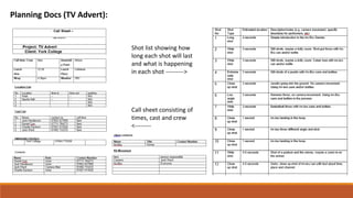 Planning Docs (TV Advert):
Call sheet consisting of
times, cast and crew
<--------
Shot list showing how
long each shot will last
and what is happening
in each shot --------->
 