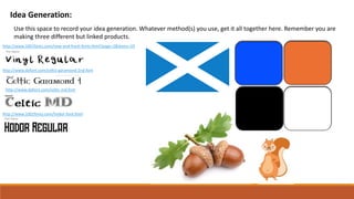 Idea Generation:
Use this space to record your idea generation. Whatever method(s) you use, get it all together here. Remember you are
making three different but linked products.
http://www.dafont.com/celtic-garamond-2nd.font
http://www.1001fonts.com/new-and-fresh-fonts.html?page=2&items=10
http://www.dafont.com/celtic-md.font
http://www.1001fonts.com/hodor-font.html
 