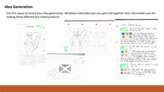 Idea Generation:
Use this space to record your idea generation. Whatever method(s) you use, get it all together here. Remember you are
making three different but linked products.
 