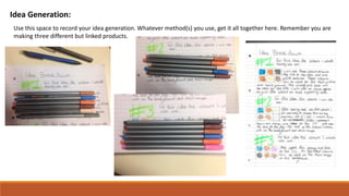 Idea Generation:
Use this space to record your idea generation. Whatever method(s) you use, get it all together here. Remember you are
making three different but linked products.
 