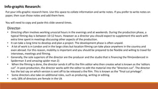 Info-graphic Research:
Put your info-graphic research here. Use this space to collate information and write notes. If you prefer to write notes on
paper, then scan those notes and add them here.
You will need to copy and paste this slide several times.
Director-
• Directing often involves working unsocial hours in the evenings and at weekends. During the production phase, a
typical filming day is between 10-12 hours. However as a director you should expect to supplement this work with
extra time spent in meetings discussing other aspects of the production.
• It can take a long time to develop and plan a project. The development phase is often unpaid.
• A lot of work is in London and in the large cities but location filming can take place anywhere in the country and
even abroad. For this reason, mobility is important and you should be prepared to be flexible and willing to travel for
interviews, meetings and filming.
• Generally, the sole superiors of the director are the producer and the studio that is financing the film(evidenced in
Spiderman 3 and amazing spider man 2)
• When the filming is done, the director sends it off to the film editor who then creates what is known as the ‘editors
cut”. In post-production, the director works with the editor to edit the material into the “directors cut”. The director
has the last say on which version is sent off to be released a the film. This is known as the “final cut privilege”.
• Some directors also take on additional roles, such as producing, writing or editing.
• only 18% of directors are female in the Uk
 