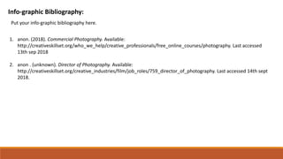 Info-graphic Bibliography:
Put your info-graphic bibliography here.
1. anon. (2018). Commercial Photography. Available:
http://creativeskillset.org/who_we_help/creative_professionals/free_online_courses/photography. Last accessed
13th sep 2018
2. anon . (unknown). Director of Photography. Available:
http://creativeskillset.org/creative_industries/film/job_roles/759_director_of_photography. Last accessed 14th sept
2018.
 