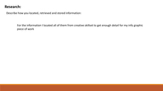 Research:
Describe how you located, retrieved and stored information:
For the information I located all of them from creative skillset to get enough detail for my info graphic
piece of work
 