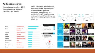 Audience research:
Primarily young males – 25-39
Primarily central Scotland.
Working class mainly.
Highly correlated with Dominos
and Glens vodka. Many suggest
that this drink is good for
hangovers, and possibly as a
mixer with vodka, so this would
explain how closely related these
would be.
 