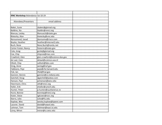 IRNC Workshop Attendance list 10‐24

   Attendees/Presenters               email address

Baker, Susie              sbaker@gloriad.org
Baldine, Ilia             ibaldin@renci.org
Blancas, Lesley           BlancasLX@state.gov
Blatecky, Alan            blatecky@unc.edu
Boroumand, Javad          jborouma@cisco.com
Boyles, Heather           heather@internet2.edu
Buch, Rene                Rene.Buch@nordu.net
Carter‐Foster, Nancy      fosternc@state.gov
Cole, Greg                gcole@gloriad.org
Cox, Chip                 chipcox@mac.com
Crawford, Glen            glen.crawford@science.doe.gov
                          g                         g
de Laat, Cees             delaat@science.uva.nl
Elliott, Chip             celliott@bbn.com
Emig, Anne                aemig@nsf.gov
Fabbiano, Pepi            pepi@cfa.harvard.edu
Fisk, Ian                 ifisk@fnal.gov
Gannon, Dennis            gannon@cs.indiana.edu
Gatchell, Doug            dgatchell@pobox.com
Hanson, Paul              pchanson@wisc.edu
Heermann, Chris           ckh@renci.org
Hofer, Erik               ehofer@umich.edu
Hunter, Peter             p.hunter@auckland.ac.nz
Hurst, Bonnie             bonniep@renci.org
Huter, Steve              sghuter@nsrc.org
Ibarra, Julio             Julio@fiu.edu
Kaplow, Wes               wesley.kaplow@qwest.com
Lassner, David            david@hawaii.edu
Lehman, Tom               tlehman@east.isi.edu
Livny, Miron              miron@cs.wisc.edu
 