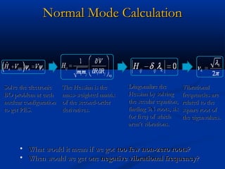 Normal Mode CalculationNormal Mode Calculation
Solve the electronicSolve the electronic
BO problem at eachBO problem at each
nuclear configurationnuclear configuration
to get PES.to get PES.
The Hessian is theThe Hessian is the
mass-weighted matrixmass-weighted matrix
of the second-orderof the second-order
derivatives.derivatives.
Diagonalize theDiagonalize the
Hessian by solvingHessian by solving
the secular equation,the secular equation,
finding 3N roots, sixfinding 3N roots, six
(or five) of which(or five) of which
aren’t vibrations.aren’t vibrations.
VibrationalVibrational
frequencies arefrequencies are
related to therelated to the
square root ofsquare root of
the eigenvalues.the eigenvalues.
• What would it mean if we gotWhat would it mean if we got too few non-zero rootstoo few non-zero roots??
• When would we get oneWhen would we get one negative vibrational frequencynegative vibrational frequency??
 