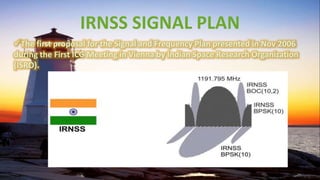 IRNSS SIGNAL PLAN
The first proposal for the Signal and Frequency Plan presented in Nov 2006
during the First ICG Meeting in Vienna by Indian Space Research Organization
(ISRO).
 