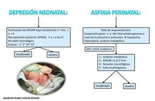 Puntuación de APGAR baja inicialmente 1° min. =
o < 6
Recuperación posterior APGAR; 7 o + a los 5°.
No daño neurológico.
Evaluar ; 1° 5° 10° 15°
moderado severo
Falta de respiración/aire.
Suspensión grave o ↓ del intercambio gaseoso a
nivel de la placenta o pulmones  hipoxemia,
hipercapnia, acidosis metabólica.
1.- Acidosis metabólica.
2.- APGAR <3 al 5°min.
3.- Secuelas neurológicas.
4.- Falla multiorganica.
AAP y ACOG establecen;
moderado severo
SAGREDO RUBIO EVELYN RENATA
 