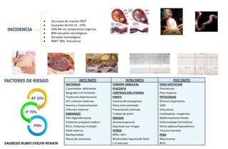 ANTE PARTO INTRA PARTO POST PARTO
MATERNAS
C.prenatales deficientes
Sangrado II-III trimestre
Trastornos Hipertensivos
Enf. crónicas maternas
Anemia o insomunizacion
Infección materna
EMBARAZO
Poli-oligohidrmanios
Embarazo pre/post maduro
RCIU, Embarazo múltiple
Edad materna
Multipariedad
Abuso de sustancias
CORDÓN UMBILICAL
PLACENTA
CONTRACCION UTERINA
PARTO
Cesárea de emergencia
Parto instrumentado
Presentación anómala
Trabajo de parto
DROGAS
Anestesia general
Depresion por drogas
OTROS
RPM >18 h
Bradicardia/ taquicardia fetal
L.A meconio
EDAD GESTACION
Prematurez
Post madurez
PATOLOGIAS
Distress respiratorio
SAM
Infecciones
Cardiopatías congénitas
Malformaciones fetales
Enfermedades hemolíticas
Shock séptico/hipovolémico
Trauma neonatal
PESO
Macrosomia
RCIU
 3ra causa de muerte /RCP
 Causante de EHI:15 - 25%
 20% RN sin compromiso orgánico
 80% secuelas neurológicas
 Secuelas neurológicas
 RNPT 78% frecuencia
AP 20%
IP 70%
PN%
SAGREDO RUBIO EVELYN RENATA
 