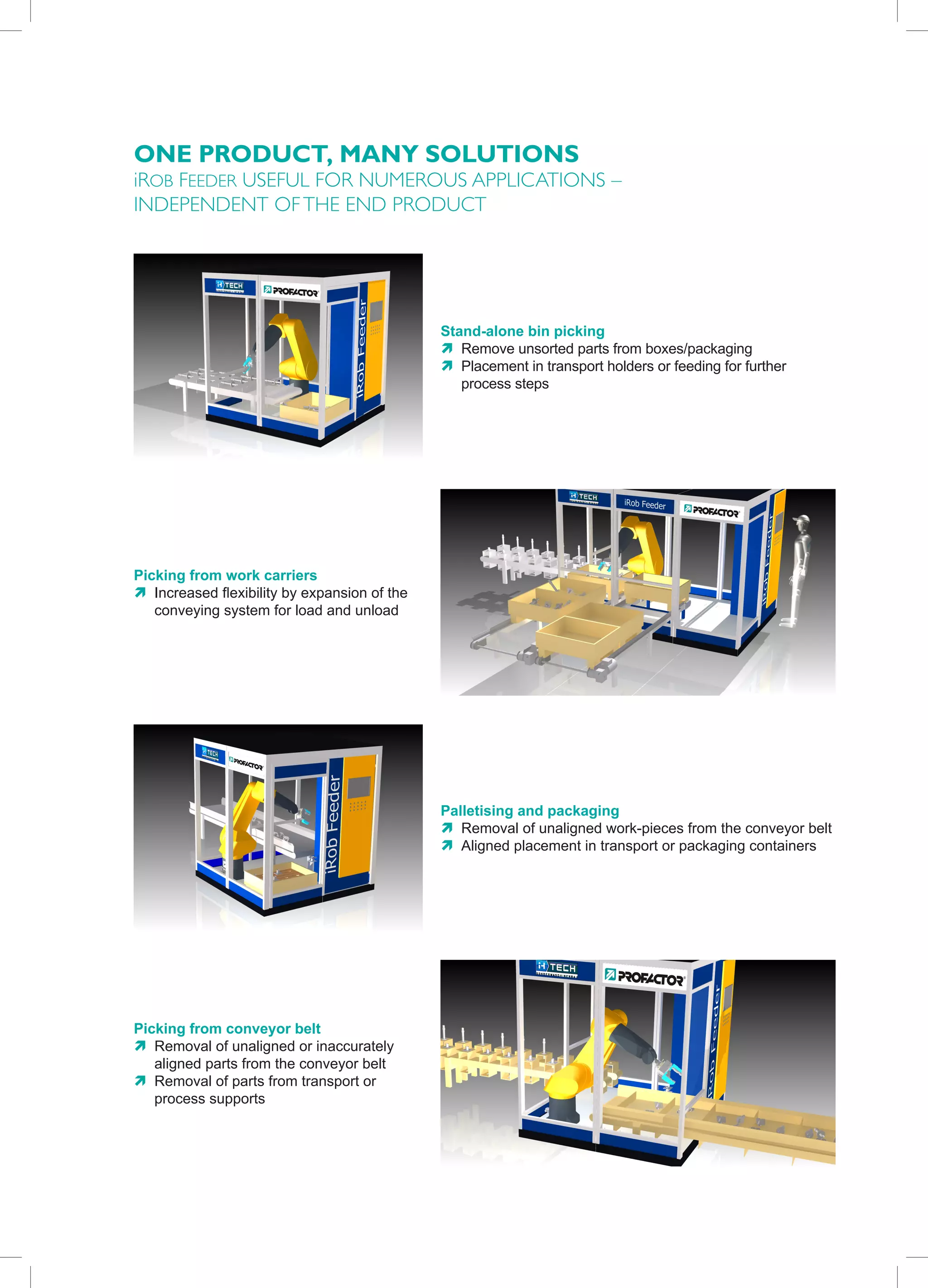 oNe PRodUCT, MANY SoLUTIoNS
irob Feeder useFul For numerous aPPlIcatIons –
IndePendent oF the end Product




                                              Stand-alone bin picking
                                              Ò Remove unsorted parts from boxes/packaging
                                              Ò Placement in transport holders or feeding for further
                                                 process steps




Picking from work carriers
Ò Increased flexibility by expansion of the
   conveying system for load and unload




                                              Palletising and packaging
                                              Ò Removal of unaligned work-pieces from the conveyor belt
                                              Ò Aligned placement in transport or packaging containers




Picking from conveyor belt
Ò Removal of unaligned or inaccurately
   aligned parts from the conveyor belt
Ò Removal of parts from transport or
   process supports
 