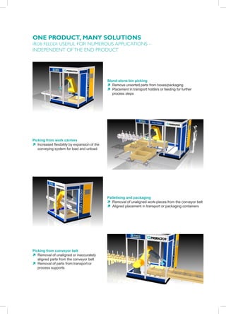 oNe PRodUCT, MANY SoLUTIoNS
irob Feeder useFul For numerous aPPlIcatIons –
IndePendent oF the end Product




                                              Stand-alone bin picking
                                              Ò Remove unsorted parts from boxes/packaging
                                              Ò Placement in transport holders or feeding for further
                                                 process steps




Picking from work carriers
Ò Increased flexibility by expansion of the
   conveying system for load and unload




                                              Palletising and packaging
                                              Ò Removal of unaligned work-pieces from the conveyor belt
                                              Ò Aligned placement in transport or packaging containers




Picking from conveyor belt
Ò Removal of unaligned or inaccurately
   aligned parts from the conveyor belt
Ò Removal of parts from transport or
   process supports
 