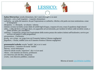 LESSICO:

ludus litterarius: scuola elementare, dai 7 anni circa agli 11-12 anni
litterator, -oris o ludi magister, -i maestro elementare
cathedra, -ae sedia del maestro; da qui l'espressione ex cathedra, riferita a chi parla con tono sentenzioso, come
     se insegnasse
discipulus, -i / discipula, -ae alunno / alunna
tabulae ceratae tavolette cerate (fatte di sottili fogli di legno, cosparse di cera; erano il quaderno degli alunni)
stilus, -i stilo (di ferro o di legno duro, era appuntito ad un'estremità, per incidere le lettere sulle tavolette cerate, e
     piatto all'altra, per cancellare)
calamus, -i cannuccia, penna (era l'equivalente della nostra penna che andava intinta nell'inchiostro; serviva per
     scrivere sul papiro o sulla pergamena)
atramentum, -i inchiostro
ferula, -ae o virga, -ae verga (con cui il maestro batteva l'alunno negligente)
flagellum, -i frusta, staffile (con cui il maestro frustava l'alunno negligente)

grammatici schola: scuola "media", dai 12 ai 17 anni
grammaticus, -i maestro di scuola "media"
litterae, -arum letteratura
rhetoris schola scuola "superiore", dai 17 ai 20 anni
rhetor, -oris maestro di retorica, professore
ars rhetorica arte del dire, eloquenza
oratio, -onis discorso pubblico, orazione

                                                                                 Ritorna al menù: LA CIVILTA’ LATINA
 