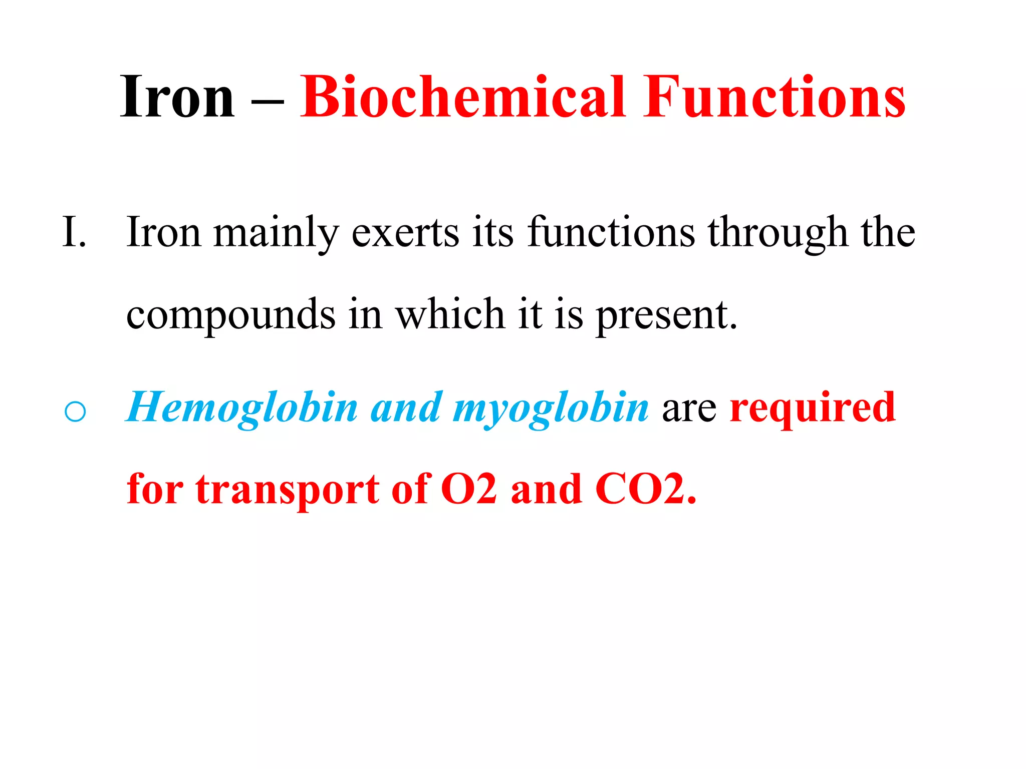 Iron biochemical role, rda and deficiency bic 105 | PPTX