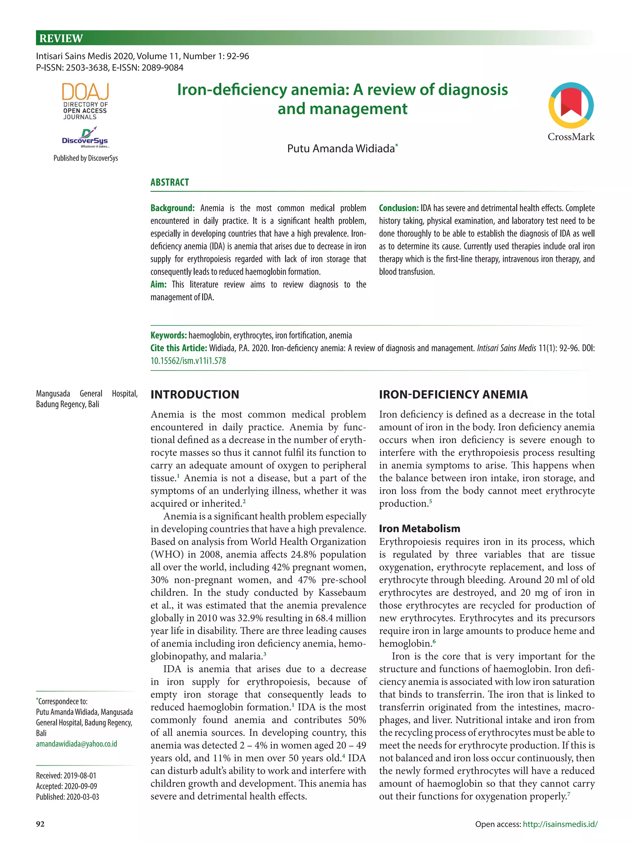 Iron deficiency anemia- a review of diagnosis and management | PDF