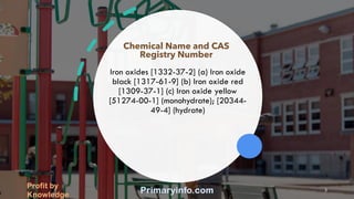 Iron oxides [1332-37-2] (a) Iron oxide
black [1317-61-9] (b) Iron oxide red
[1309-37-1] (c) Iron oxide yellow
[51274-00-1] (monohydrate); [20344-
49-4] (hydrate)
Chemical Name and CAS
Registry Number
Profit by
Knowledge
Primaryinfo.com 3
 