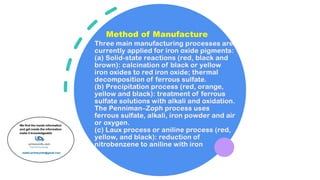 Three main manufacturing processes are
currently applied for iron oxide pigments:
(a) Solid-state reactions (red, black and
brown): calcination of black or yellow
iron oxides to red iron oxide; thermal
decomposition of ferrous sulfate.
(b) Precipitation process (red, orange,
yellow and black): treatment of ferrous
sulfate solutions with alkali and oxidation.
The Penniman–Zoph process uses
ferrous sulfate, alkali, iron powder and air
or oxygen.
(c) Laux process or aniline process (red,
yellow, and black): reduction of
nitrobenzene to aniline with iron
Method of Manufacture
 
