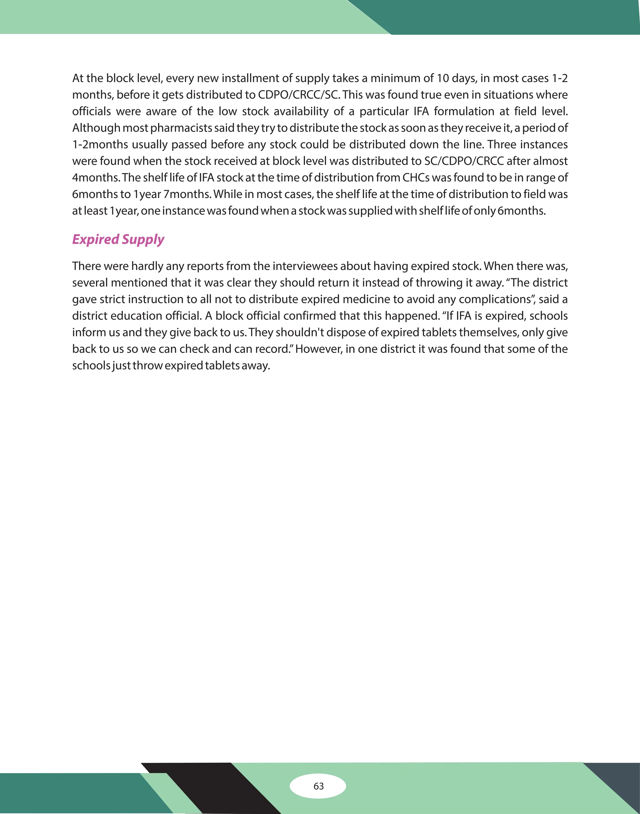 63
At the block level, every new installment of supply takes a minimum of 10 days, in most cases 1-2
months, before it gets distributed to CDPO/CRCC/SC. This was found true even in situations where
officials were aware of the low stock availability of a particular IFA formulation at field level.
Althoughmostpharmacistssaidtheytrytodistributethestockassoonastheyreceiveit,aperiodof
1-2months usually passed before any stock could be distributed down the line. Three instances
were found when the stock received at block level was distributed to SC/CDPO/CRCC after almost
4months.The shelf life of IFA stock at the time of distribution from CHCs was found to be in range of
6months to 1year 7months.While in most cases, the shelf life at the time of distribution to field was
atleast1year,oneinstancewasfoundwhenastockwassuppliedwithshelflifeofonly6months.
There were hardly any reports from the interviewees about having expired stock. When there was,
several mentioned that it was clear they should return it instead of throwing it away.“The district
gave strict instruction to all not to distribute expired medicine to avoid any complications”, said a
district education official. A block official confirmed that this happened. “If IFA is expired, schools
inform us and they give back to us.They shouldn't dispose of expired tablets themselves, only give
back to us so we can check and can record.”However, in one district it was found that some of the
schoolsjustthrowexpiredtabletsaway.
Expired Supply
 